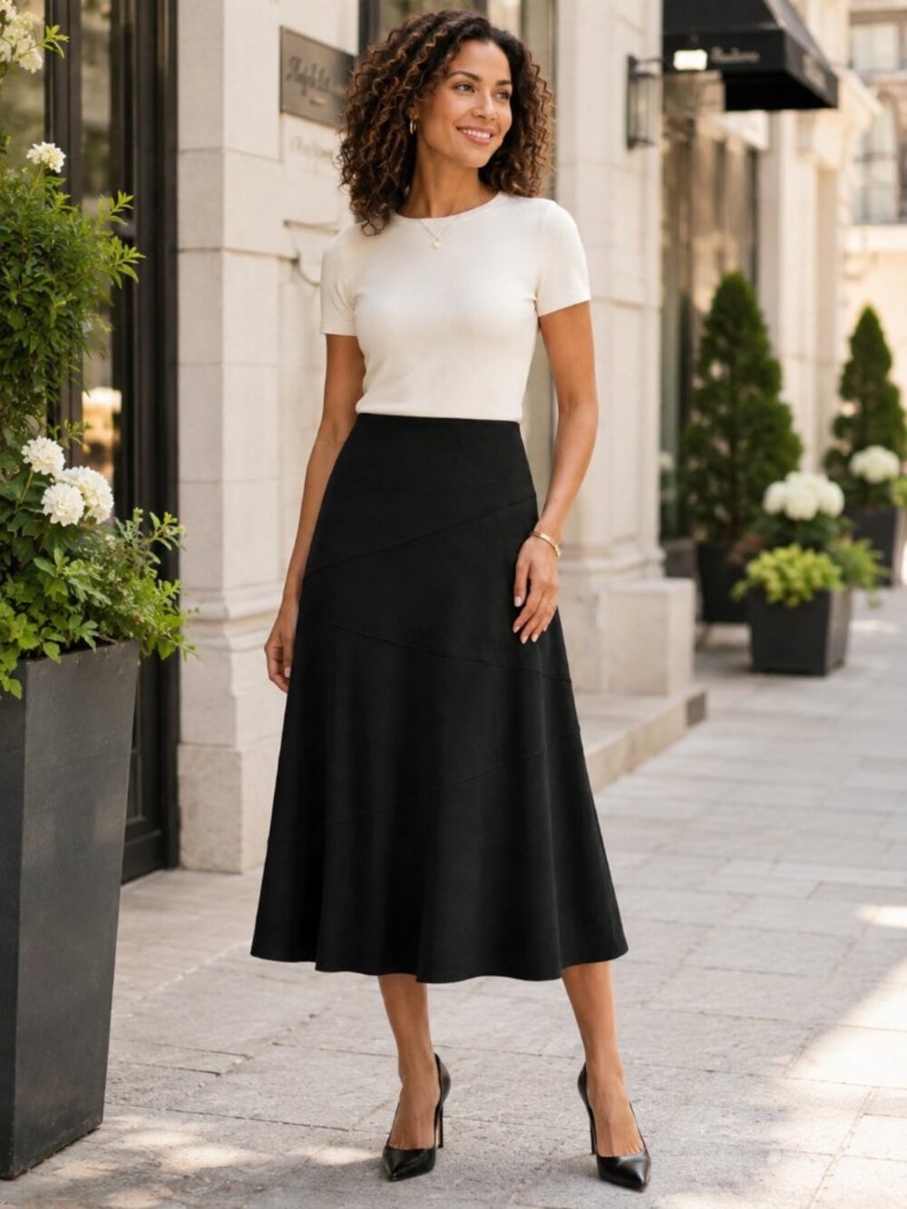 Adrianna Papell Black Asymmetrical Seam Midi Skirt Size M NWT